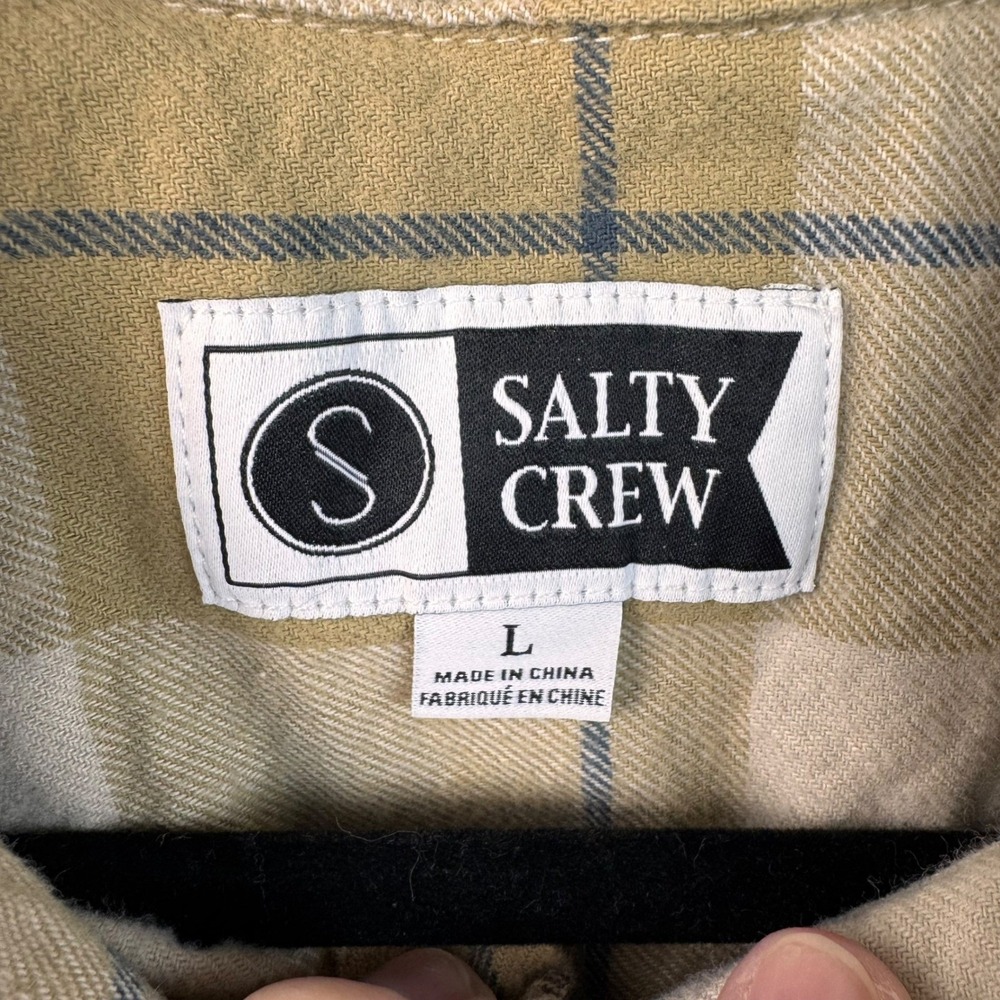 Salty Crew Mens Button Up Shirt L Large Flannel Plaid Beige Long Sleeve - Picture 7 of 13